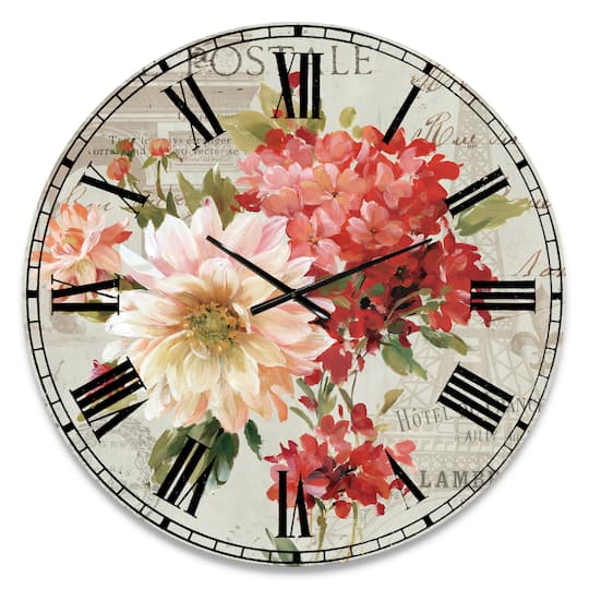 Designart 'Red Painted Flowers On Vintage Postcard I Traditional Wall Clock